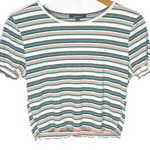 AMBIANCE Cropped Top Striped Ribbed Round Neck Lettuce Edge Short Sleeve Women L
